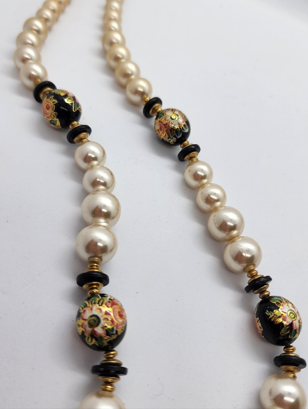 Classic Pearl Necklace with Black Floral Cloisonné Beads
